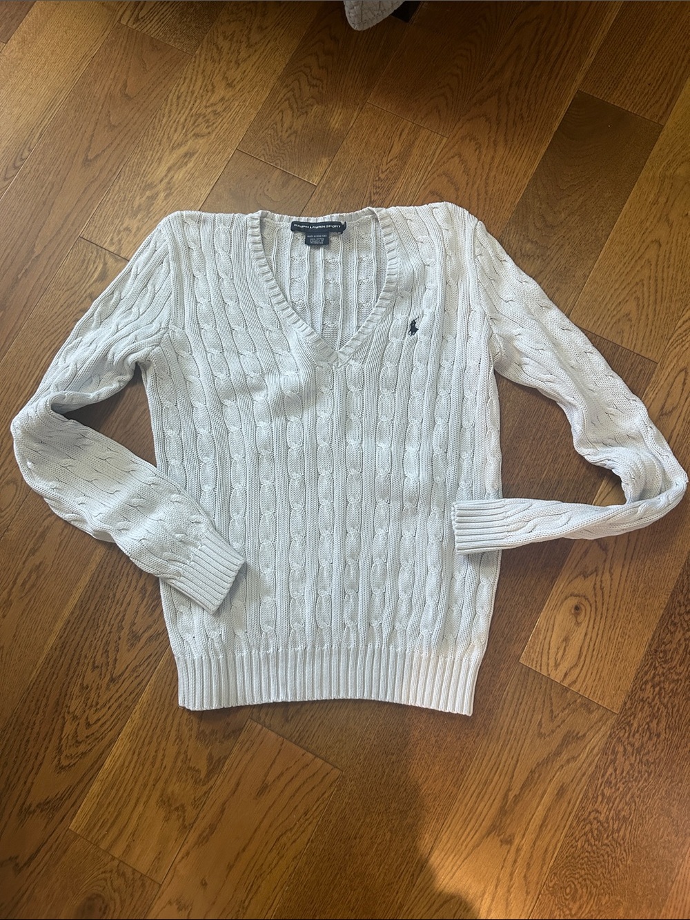 Ralph Lauren light grey Cable-Knit V-Neck Sweater 100% cotton Pit. Size Large